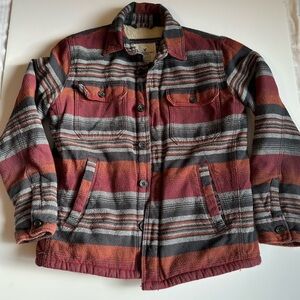 American Eagle Men’s Sherpa Shacket Red Orange Black Gray Striped Size M EUC